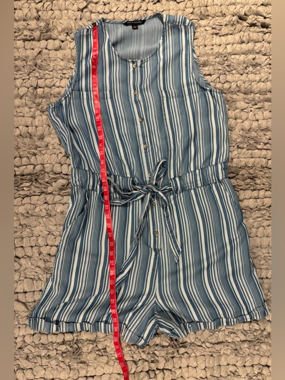 Zac & Rachel Striped Blue Tie-Waist Button Front Romper - Picture 5 of 9